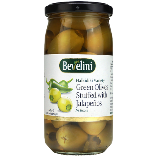 Bevelini Green Olives With Jalapeno 6x360g