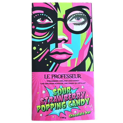 Le Professeur Sour Strawberry Popping Candy Chocolate Bar 12X90G dimarkcash&carry