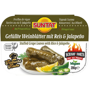 Suntat Stuffed Vine Leaves with Jalapeno TRAY 10x200g dimarkcash&carry