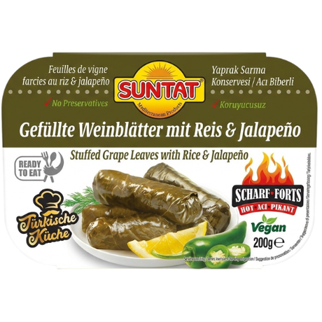 Suntat Stuffed Vine Leaves with Jalapeno TRAY 10x200g dimarkcash&carry